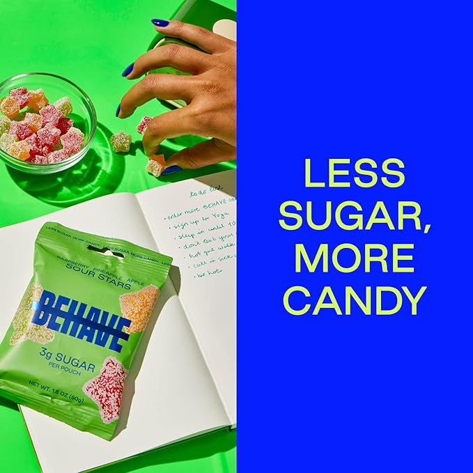 BEHAVE Low Sugar, Low Carb Gummy Candy | Healthy, High in Fiber, Keto & Diabetic Friendly Snack | Non-GMO, Gluten-Free, Dairy-Free, No Artificial Flavors or Sweeteners | Sour Stars, 1.8oz (1-Pack)
