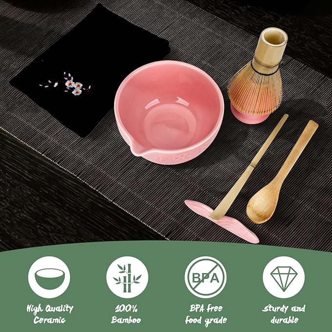 Matcha Whisk Set Pink, 8Pcs Matcha Set Kit include Matcha Bowl, Matcha Whisk and Holder, Bamboo Scoop, Scoop Rest, Sifter and Tea Towel, Matcha Whisk and Bowl Set for Matcha Lovers and Beginers