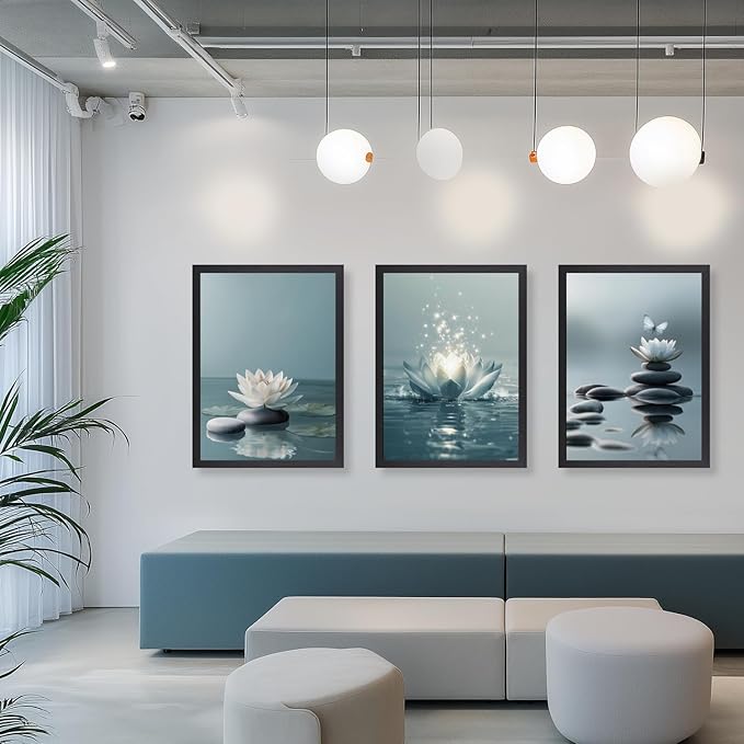 GELDSTEI Calm Zen Botanical Canvas Wall Art, White Lotus Blooming on Stones in Water Aesthetic Pictures, Yoga Spa Meditation Room Decor, Modern Spiritual Poster Prints for Zen Wood Framed 12"x16"x3