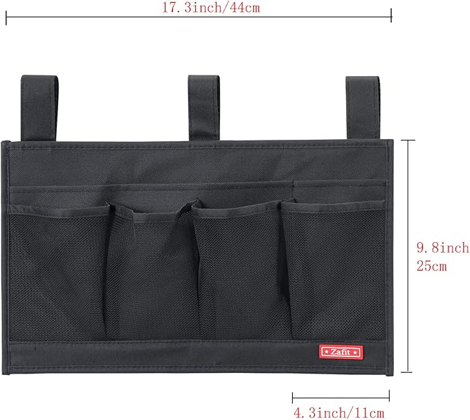 Hanging Bedside Caddy, Bedside Storage Organizer for Magazine, Phone, Remote control (6 Pockets-Black)