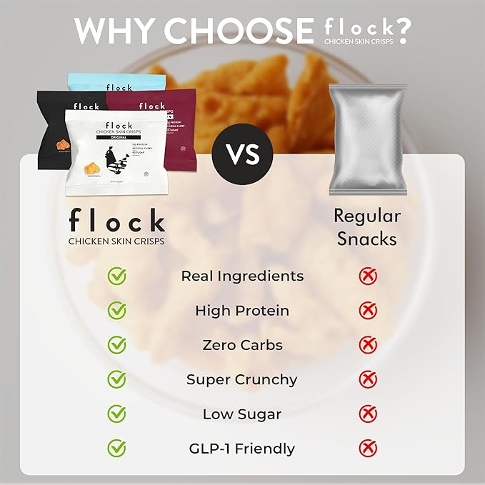 Flock Keto Chicken Skin Chips | 4 Flavors Variety Pack | Low Carb, High Protein, Sugar Free, Gluten Free Fried Chicken Skins for People | (1oz) 8-Pack Crispy Flock Chips