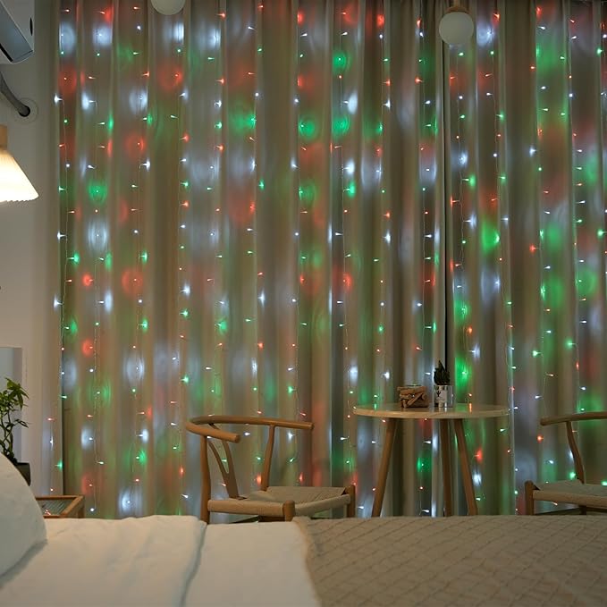 JMEXSUSS 300LED Red White and Green Christmas Curtain Lights with Remote, Indoor Christmas String Lights Plug in, Hanging Twinkle Lights for Bedroom Window Wall Yard Outdoor Xmas Decor, 9.8x9.8ft