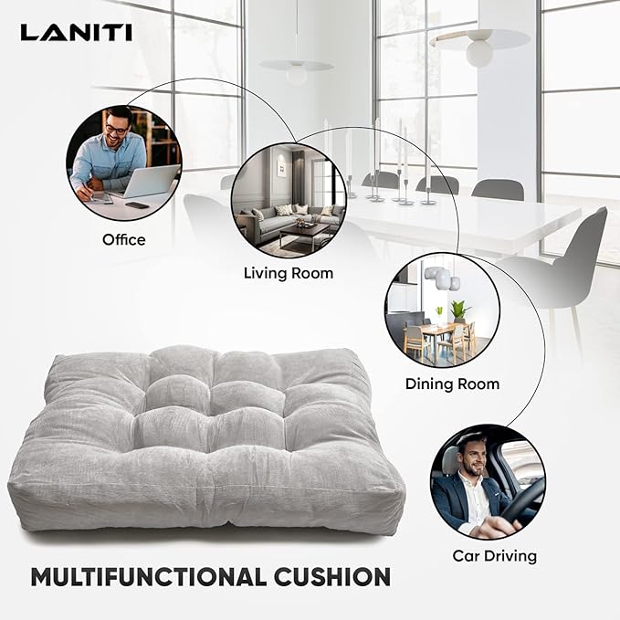 LANITI 24” Inch Extra Large Floor Cushions Tufted Floor Pillow for Adults Square Meditation Ultimate Comfort Oversized Pillows for Floor Cushion (Grey)
