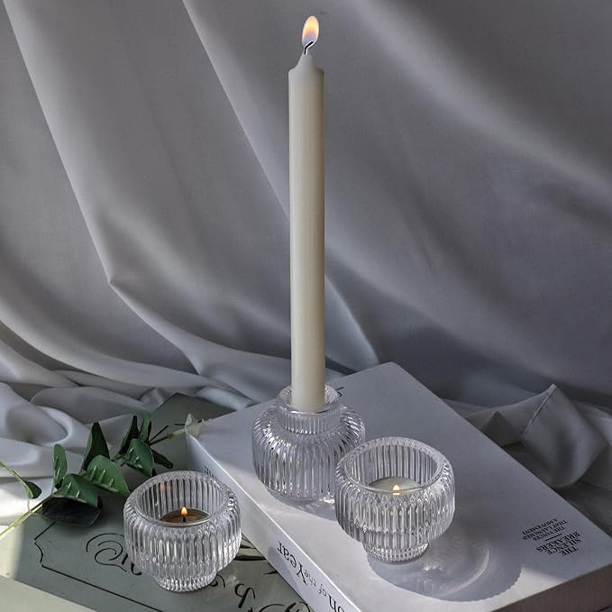 Woho Candle Stick Candle Holder Set of 4, Clear Taper Candle Holders for Wedding Table Centerpiece, Ribbed Glass Votive Candle Holders for Christmas Party Home Decor