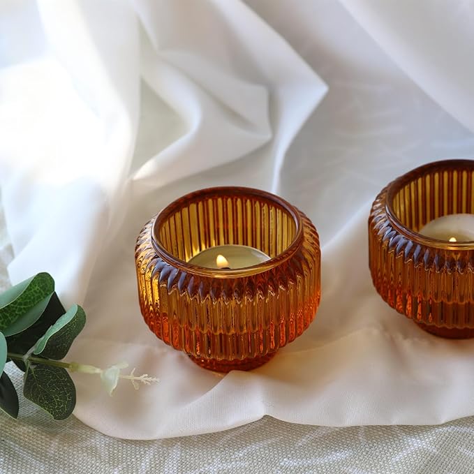 Woho Candlestick Holders Set of 4, Amber Votive Candle Holders for Fall Wedding Table Centerpiece, Ribbed Glass Taper Candle Holders for Dinner Party Halloween Thanksgiving Decor
