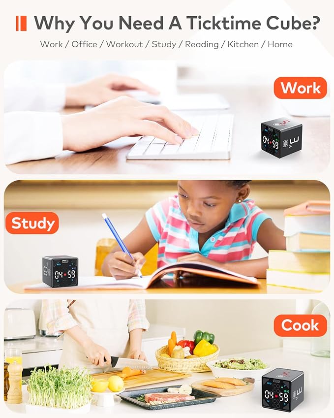 Pomodoro Timer Cube, Productivity Timer, Pause & Resume, Silent, Vibrate & Adjustable Sound Alert, for ADHD, Task, Work, Study, 1/3/5/10/15/25/45/60min & Custom Countdown, Black