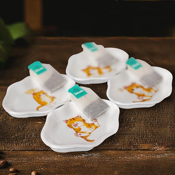 Cinf White Ceramics Tea Bag Coasters Caddy Holder Thanksgiving Set of 4 Cat for Used Tea Bag Spoon Rests Snack Dish
