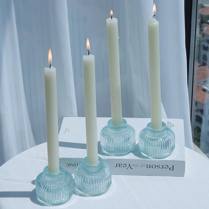 Woho Light Blue Candlesick Holders Set of 4 for Taper Candles, Ribbed Glass Candle Stick Holder Decor for Wedding Table Centerpiece, Reversible Taper Candle Holders Vintage for Baby Shower/Home Decor