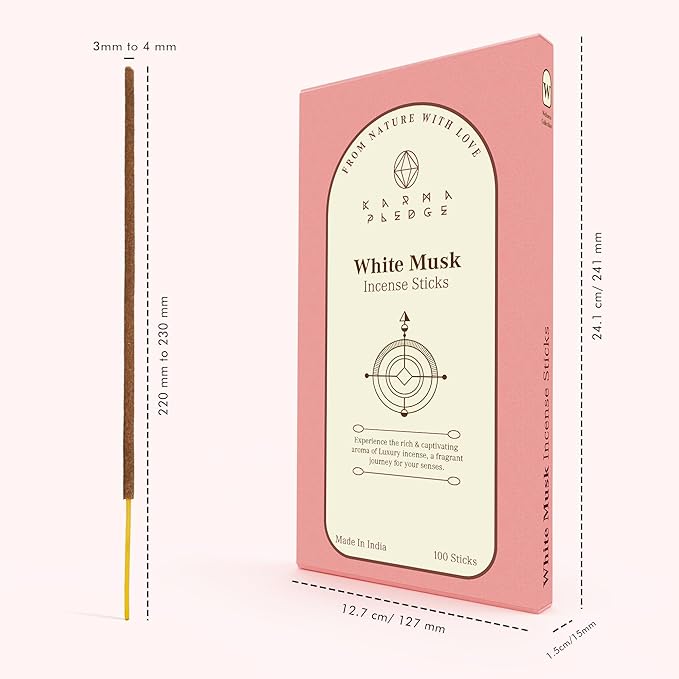 White Musk Incense Sticks, Organic Hand Dipped 100 Sticks with Natural Herbs & Aromatic Ingredients, Burn Time 45 to 60 Minutes, Incense for Positivity, Yoga, Meditation, Relaxation, Spiritual Gift