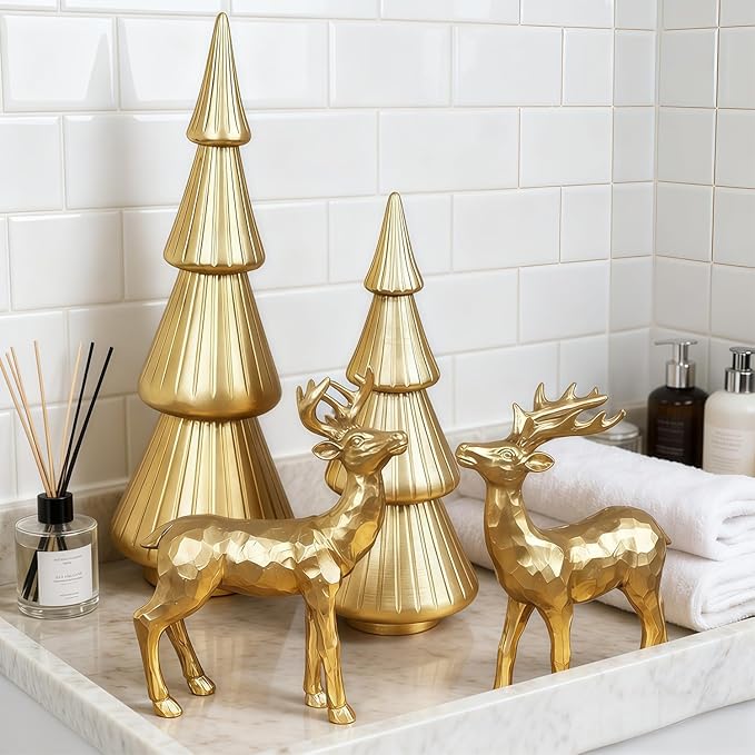 Set of 4 Christmas Table Decorations, 2 Xmas Trees & 2 Reindeer, Vintage Resin Golden Christmas Figurines for Dinner Party Supply, Tabletop Ornament Winter Mantle Fireplace Shelf Centerpieces