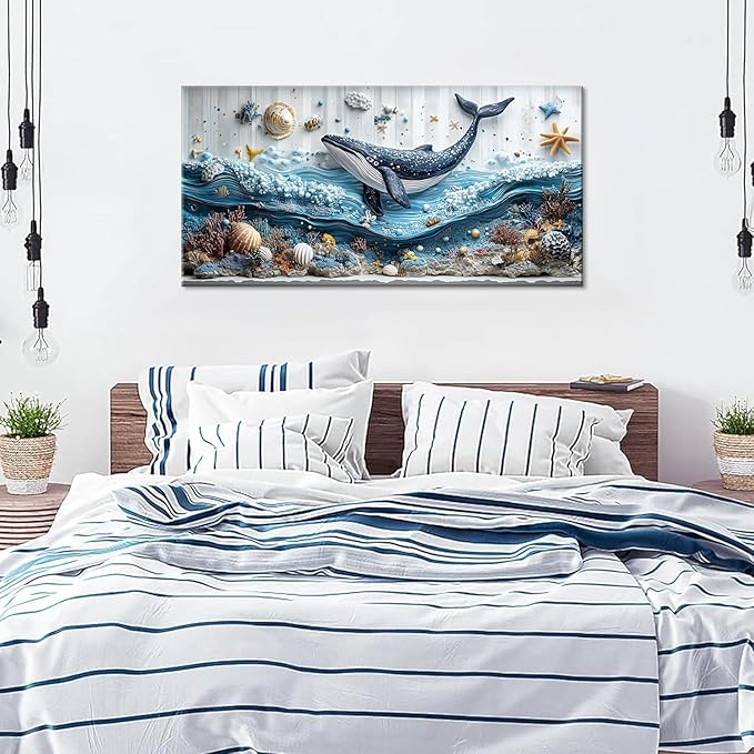 ZESTRILIA Ocean Whale Wall Art for Kids Room Navy Blue Marine Organism Underwater World under the Sea Canvas Painting Prints Artwork Family Living Bedroom Decor Extra Large (58x28 Inches)