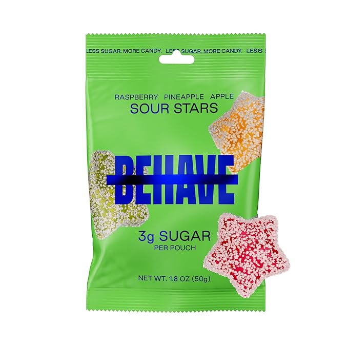 BEHAVE Low Sugar, Low Carb Gummy Candy | Healthy, High in Fiber, Keto & Diabetic Friendly Snack | Non-GMO, Gluten-Free, Dairy-Free, No Artificial Flavors or Sweeteners | Sour Stars, 1.8oz (1-Pack)