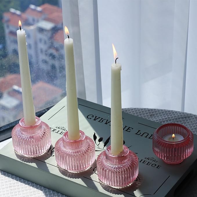 Woho Pink Candlestick Holders for Taper Candles Set of 4, Glass Taper Candle Holders Bulk for Birthday Party, Tea Lights Candle Holder for Wedding Festival
