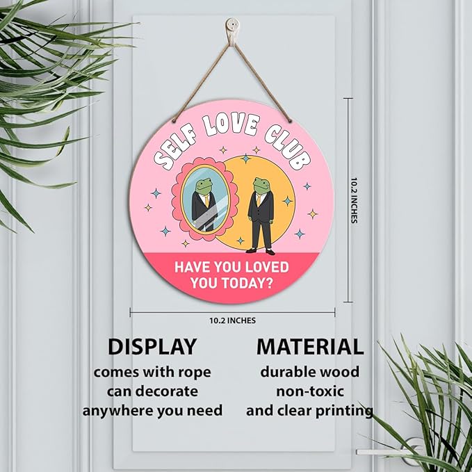 Self Love Club Inspirational Wall Decor, Frog Positive Round Wooden Hanging Sign Decor, Pink Motivational Decorations for Home Bathroom Office, Inspirational Gifts for Women Men, Loved You Today