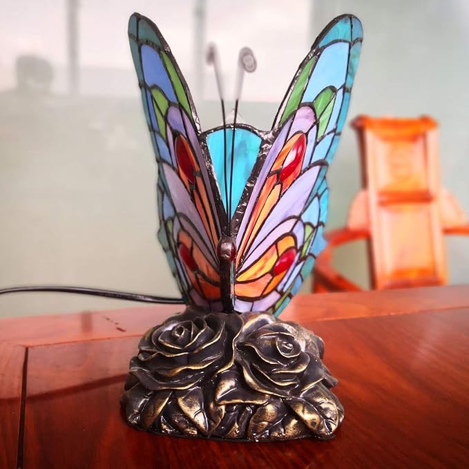 Bedside Table Lamp LED Tiffany Blue Fairy Butterfly Nightstand Table Lamps Stained Glass Shade ON Off Switch Home Office Desk Lamp Night Light Girl Grandma Mothers Day Gifts W/Gift Box