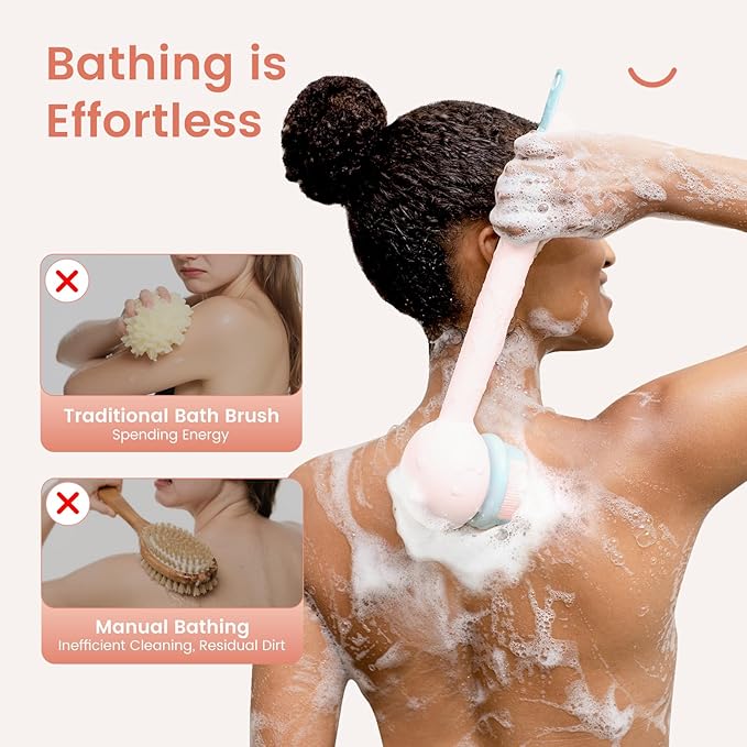 Electric Back Scrubber for Shower Body Brush, Waterproof Shower Body Scrubber for Cleansing, Massaging, Rechargeable Spinning Bath Brush for Kids & Adults with 2 Heads & 3 Speed Modes, Pink