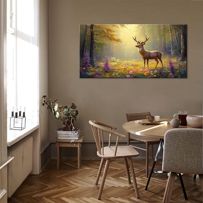 ZESTRILIA Pretty Deer Forest Wall Art for Living Room Office Gold Mustard Yellow Wildlife Wildflower Canvas Painting Prints Spring Wild Life Artwork Girls Bedroom Decor Extra Large (58x28 Inches)