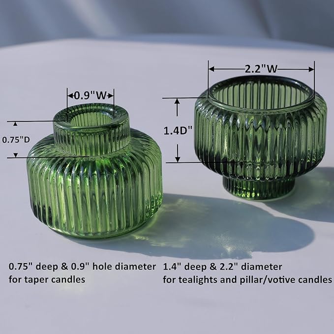 Woho Green Taper Candle Holders Set of 8 for Christmas Party Decor, Reversible Candle Sticks Holder Decor for Wedding Table Centerpiece, Vintage Ribbed Glass Candlestick Holders for Home Decor