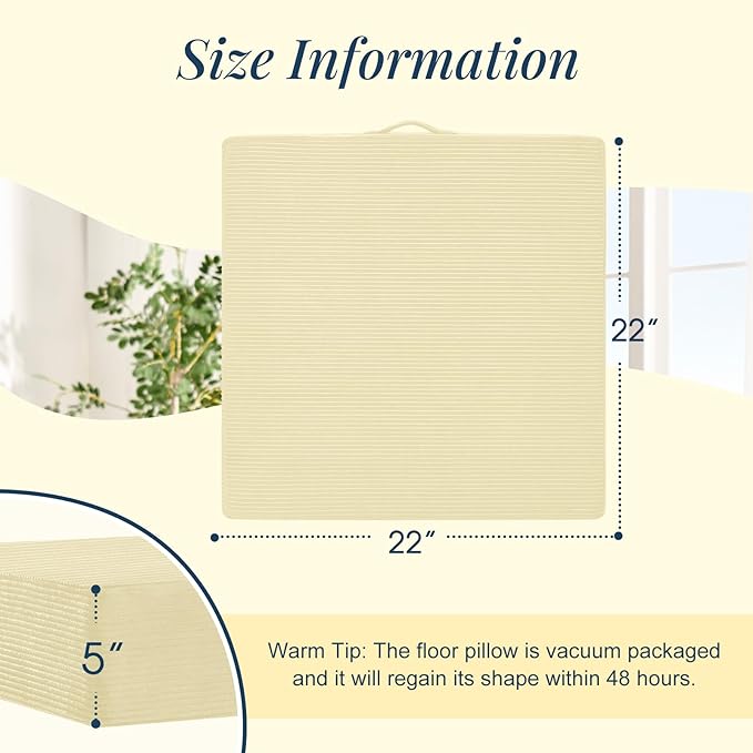 Wellsin Solid Square Floor Pillows for Adults Kids - Large Meditation Floor Pillow Seating Cushion with Thick Foam & Washable Velvet Cover, 1 Pack, 22x22x5 Inch, Beige