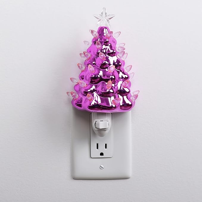 Milltown Merchants Ceramic Christmas Tree Night Light - Plugin Christmas Tree with Lights - Lighted Vintage Ceramic Tree - Mini Christmas Tree Decorative Night Light (Pearl Pink Christmas Tree)