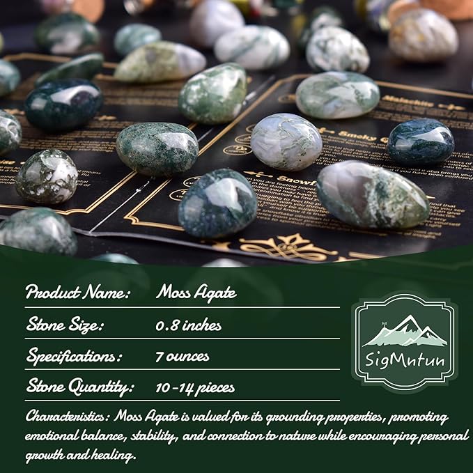 Polished Stone Set Moss Agate Crystals, 0.8" Handpicked Tumbled Gemstones Rocks, Pebbles for Reiki, Chakra, Healing, Home Decor