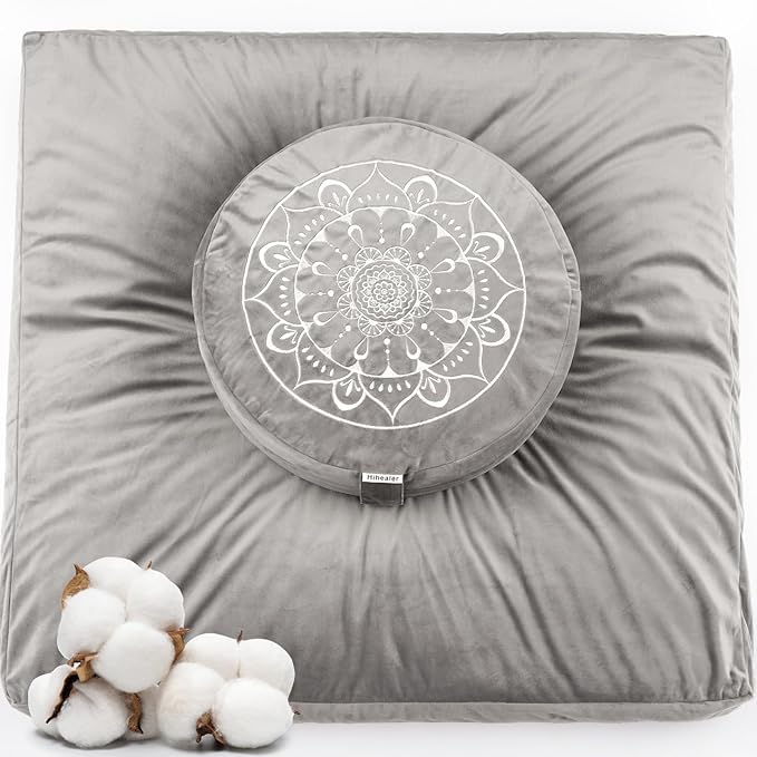 Hihealer Meditation Cushion, Traditional Tibetan Meditation Pillow Velvet Cover - Large Floor Cushion Seating for Adults - Yoga Buckwheat Bolster for Women、Moms