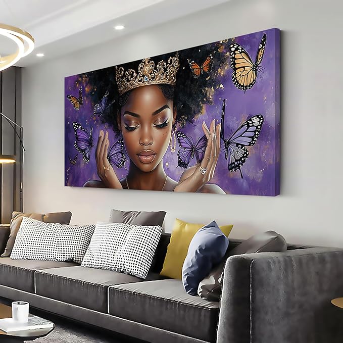 ZESTRILIA African American Wall Art for Girls Room Purple Black Butterfly Canvas Painting Prints Artwork Living Bedroom Office Decor (30x16 Inches)
