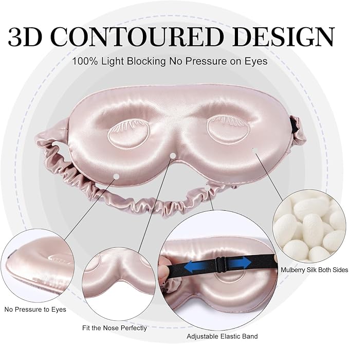 ZIMASILK Adjustable 22 Momme 100% Pure Mulberry Silk Sleep Mask, 3D Contoured Cup Eye Mask for Sleeping, Super Soft Breathable Blindfold, Perfect Blocks Light for Sleeping. (Pink)