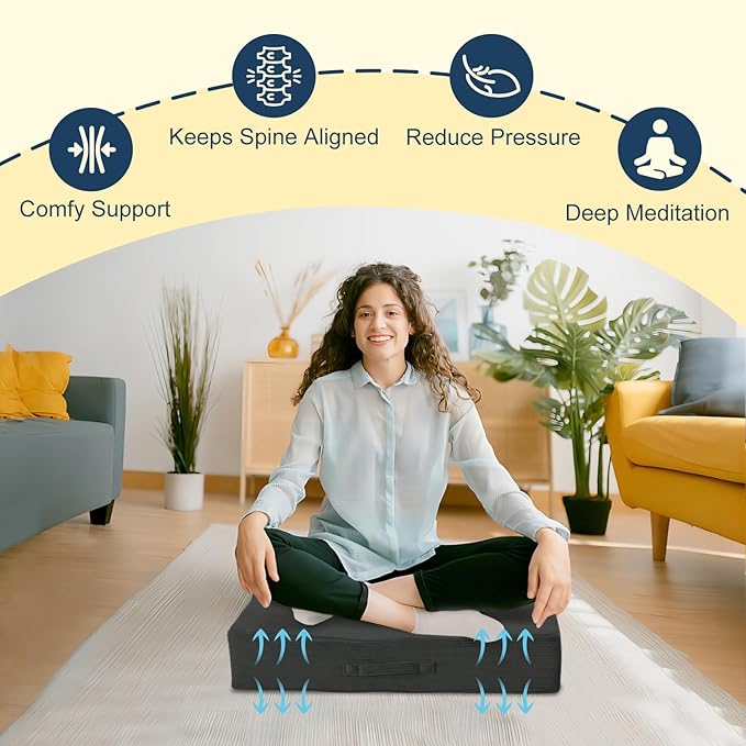 Wellsin Solid Square Floor Pillows for Adults Kids - Large Meditation Floor Pillow Seating Cushion with Thick Foam & Washable Velvet Cover, 1 Pack, 22x22x5 Inch, Gray