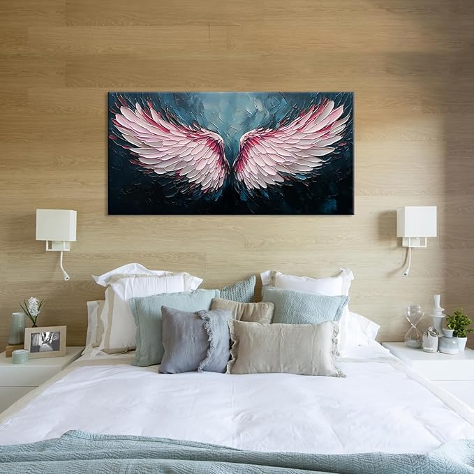 ZESTRILIA Angel Wings Wall Art for Girls Room Pink Navy Blue Canvas Oil Painting Prints Modern Abstract Fantasy Anime Artwork Living Bedroom Office Decor Extra Large (58x28 Inches)