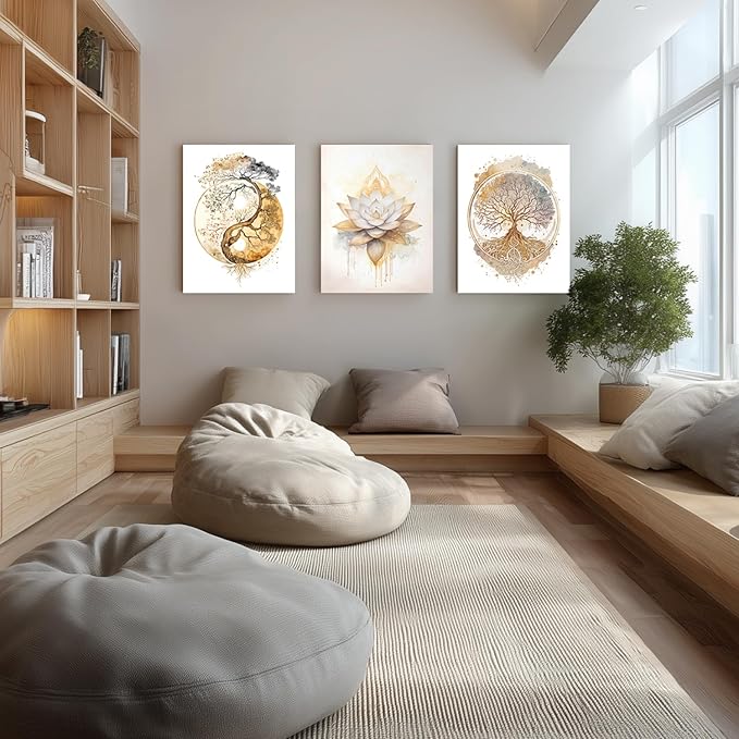 GELDSTEI Tree of Life Wall Art, Calming Zen Wall Decor, Abstract Yin Yang Tree Canvas Painting, Modern Gold Lotus Flower Meditation Poster Print for Living Room Yoga Room Bedroom Framed 12"x16"x3