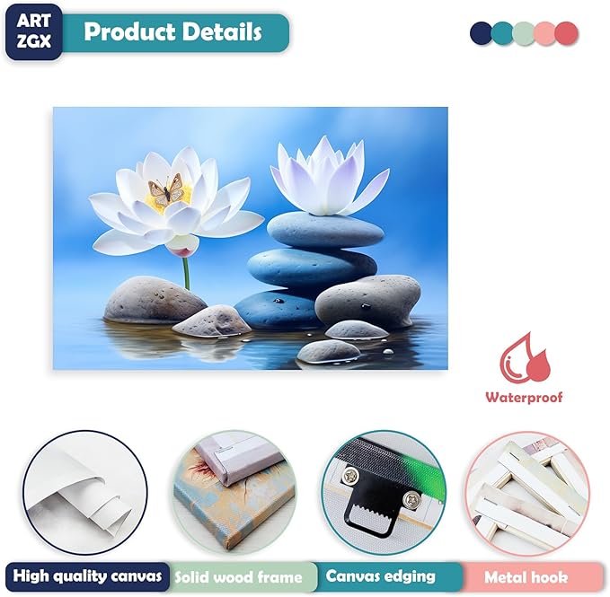 ARTZGX Zen Canvas Wall Art for Bathroom Lotus Pictures Blue Spa Stone Painting Butterfly Flower Artwork for Yoga Decor Frame(Zen - B 16.00" x 24.00")