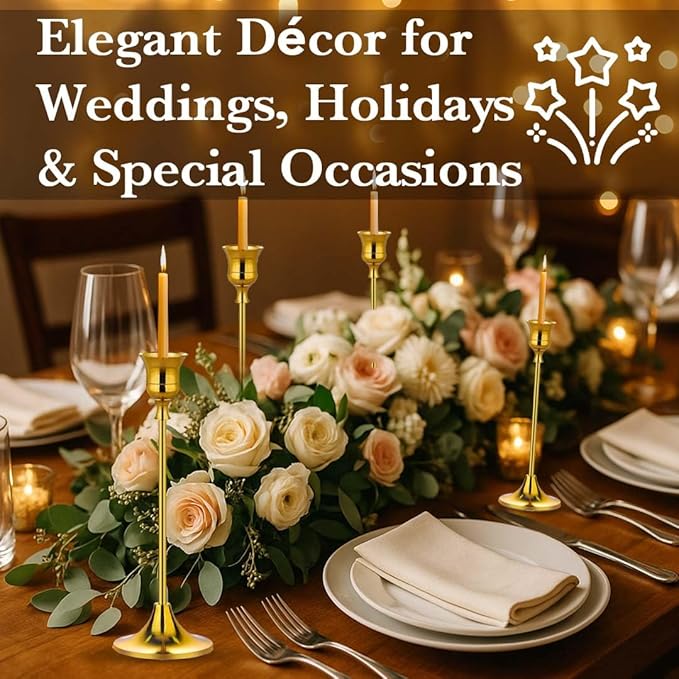 Gold Candlestick Holders Set of 6 – Decorative Taper Candle Holders for Home Decor, Weddings, Parties – Elegant Metal Candle Stands with Brushed Finish – Easy Assembly – Fits Standard & LED Candles