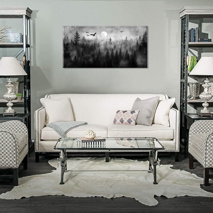 ZESTRILIA Forest Wall Art Black & White Moon Night Retro Canvas Prints Modern Rustic Paintings Nordic Artwork Landscape Picture for Country Farmhouse Living Room Bedroom Home Office Décor (28x58inch)
