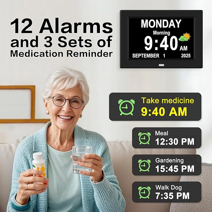 10'' Large Display Digital Alarm Clock for Seniors Date Day of Week Electric Digital Clocks 12 Alarms 4 Colors Desk Calendar Clocks for Memory Loss Alzheimers Clock Auto DST/Dimmer