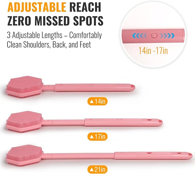 Silicone Back Scrubber for Shower – 21in Extendable Shower Brush with Long Handle – Dual-Sided Back Brush with Non-Slip Grip, Gentle Cleansing & Exfoliation for Men, Women, Elderly (Pink)