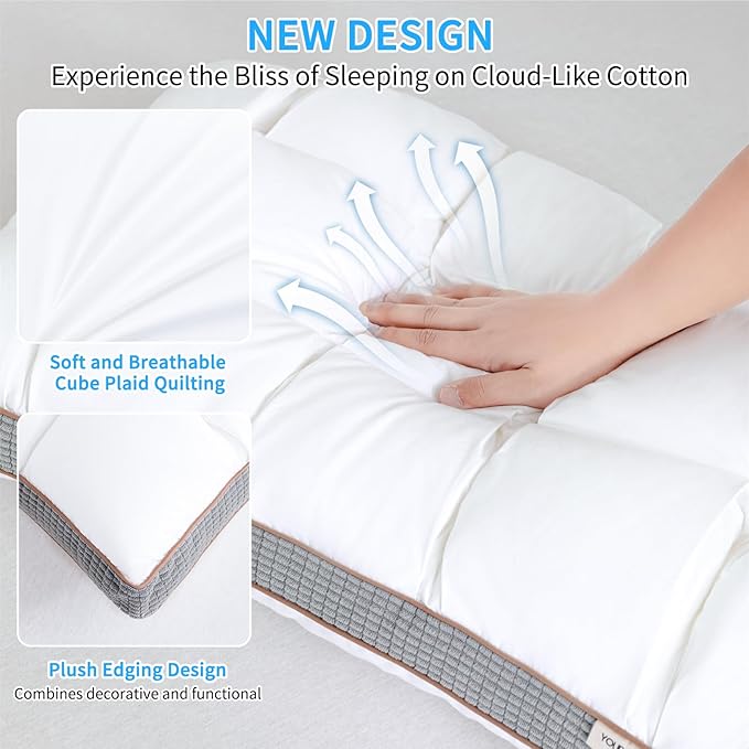 YOUR MOON Soft Pillow Queen Size Set of 2, Super Soft Support Down Alternative Pillow 2 Pack, 100% Cotton Shell Luxury Comfy Fluffy Bed Pillows for Sleeping (White)