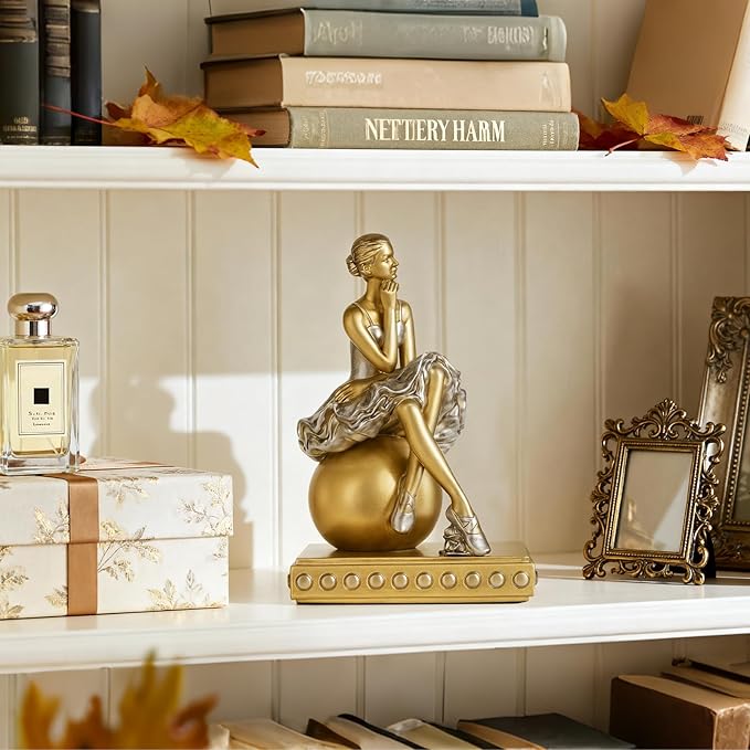 Ballerina Figurines, Seated Ballerina Dancer Statues Resin Sculpture Home Decor, Ballet Dance Girl Ornament for Shelves Home Office Decor (Gold)