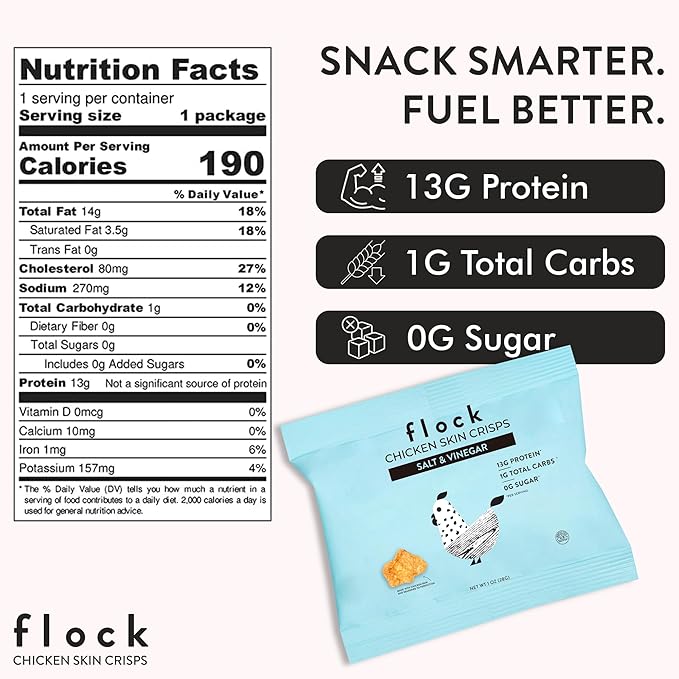 Flock Keto Chicken Skin Chips | Salt and Vinegar Flavor | Low Carb, High Protein, Sugar Free, Gluten Free Fried Chicken Skins for People | (1oz) 8-Pack Crispy Flock Chips