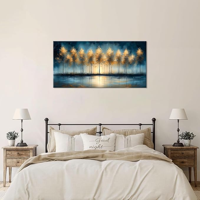 ZESTRILIA Golden Trees Wall Art Impression Canvas Abstract Sunset Oil Painting Reproduction Print Artwork Landscape Picture for Living Room Bedroom Home Office Kitchen Décor (20x40inch)