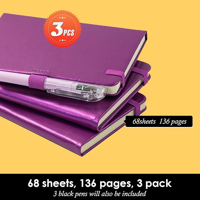 (3 Pack) Pocket Journal Notebook, Small Mini Notepad with Pens for Work, hardcover A6 Notebook 3.7" x 5.7" College Ruled with 100Gsm Premium Lined Paper, Pearlescent Purple