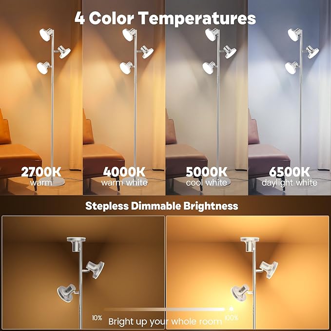 36W LED Tree Floor Lamp, Modern Dimmable Standing Lamp with Remote & Touch Control, 4 Color Temperatures, 3 Rotatable LED Light Floor Lamps for Living Room, Bedroom, Office