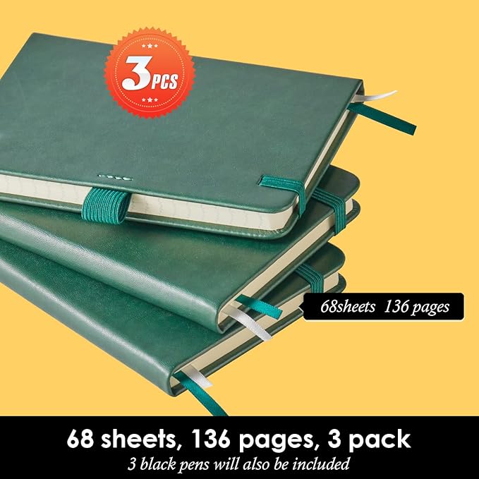 3 Pack Pocket Notebook Journals, Mini Small Leather Lined Journal Notebooks for Note Taking, Small Notepad with Pen Holder, Dark Green