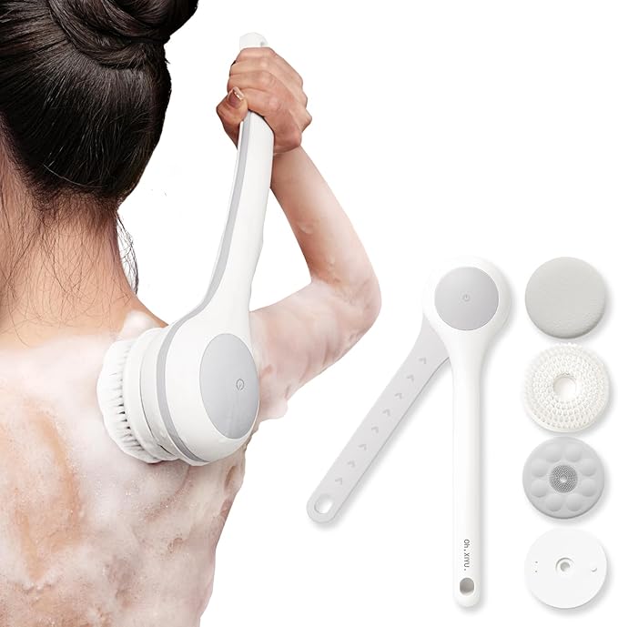 Electric Body Brush Back Scrubber for Shower, Waterproof Long Dual Handle Power Body Scrubber with 3 Heads, Rechargeable Bath Brush & 2 Speeds, for Cleansing, Exfoliating and Massaging Skin
