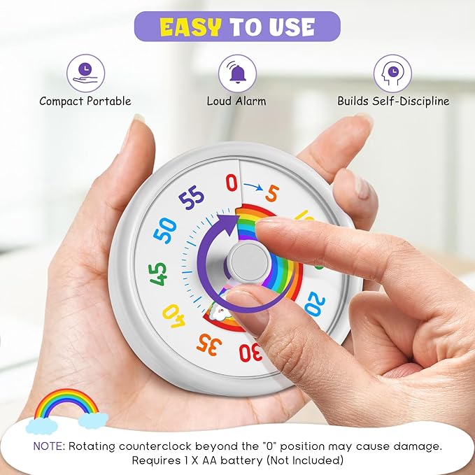 HIPPIH Visual Timer for Kids, 60 Minute Countdown Timers for Classroom Kitchen Office, Rainbow Disk Desk Timer Clock with Silent Operation, Pomodoro Timer Time Management Tools for Toddler ADHD White