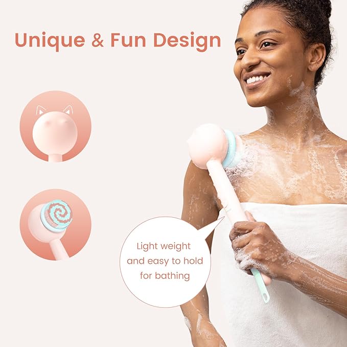 Electric Back Scrubber for Shower Body Brush, Waterproof Shower Body Scrubber for Cleansing, Massaging, Rechargeable Spinning Bath Brush for Kids & Adults with 2 Heads & 3 Speed Modes, Pink