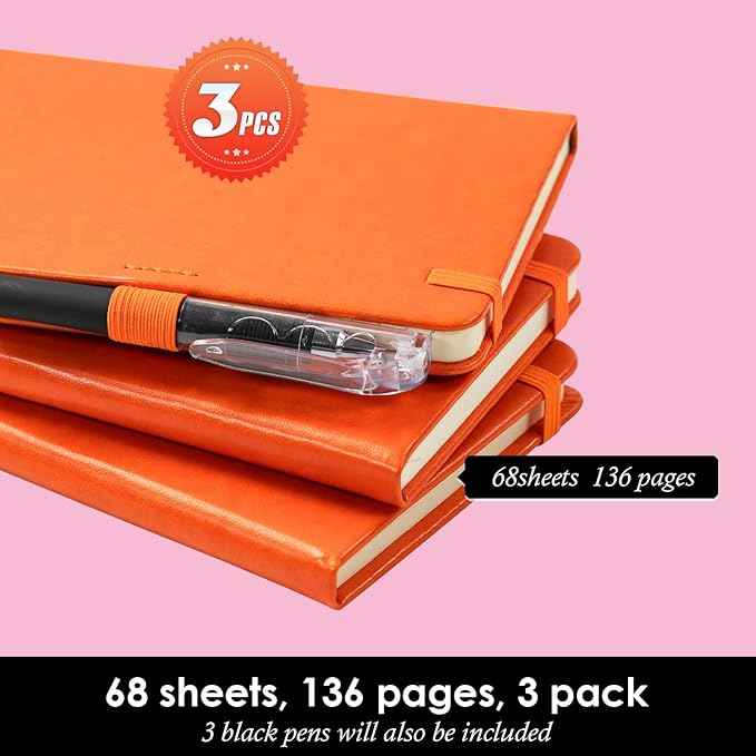 Small Journal Notebook, 3 Pack Mini Pocket Notepads with Pen for Work Writing, Small Leather Note Book Note Pad with 100GSM Premium Paper, No Bleed, 3.7" x 5.7", Orange