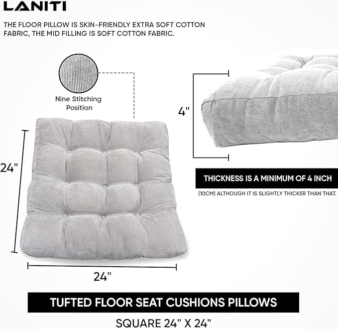 LANITI 24” Inch Extra Large Floor Cushions Tufted Floor Pillow for Adults Square Meditation Ultimate Comfort Oversized Pillows for Floor Cushion (Grey)