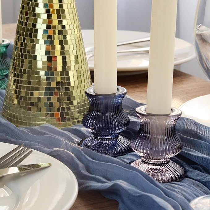 WDHODEC Christmas Taper Candle Holders 12PCS Glass Candlestick Holders for Table Centerpiece Colorful Candle Sticks for Wedding, Party and Winter Decoration(Blue&Green)