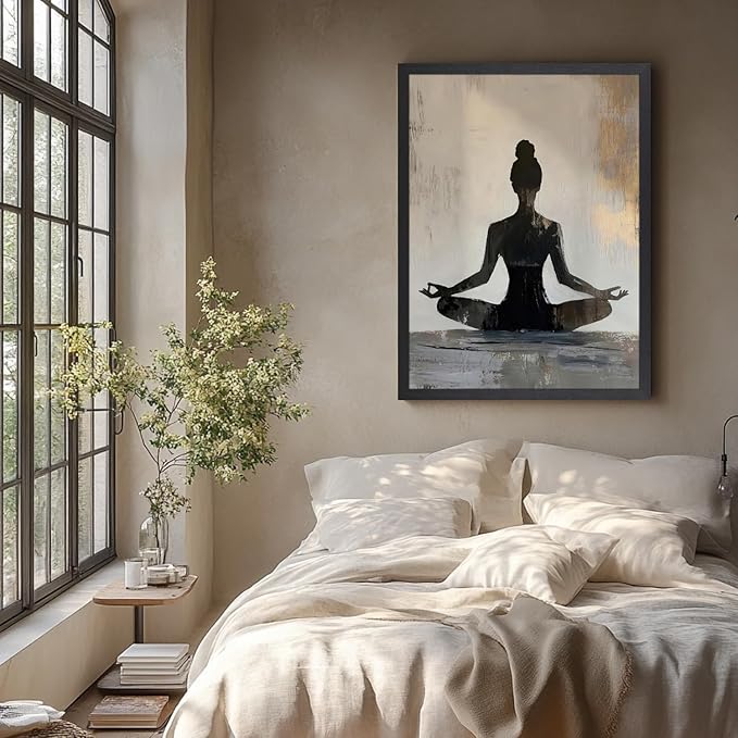 GELDSTEI Wood Framed Zen Wall Art, Modern Yoga Girl Canvas Painting, Tranquil Meditation Wall Decor, Spiritual Aesthetic Picture, Calming Mindfulness Poster Prints for Living Room Spa Yoga 12"x16"